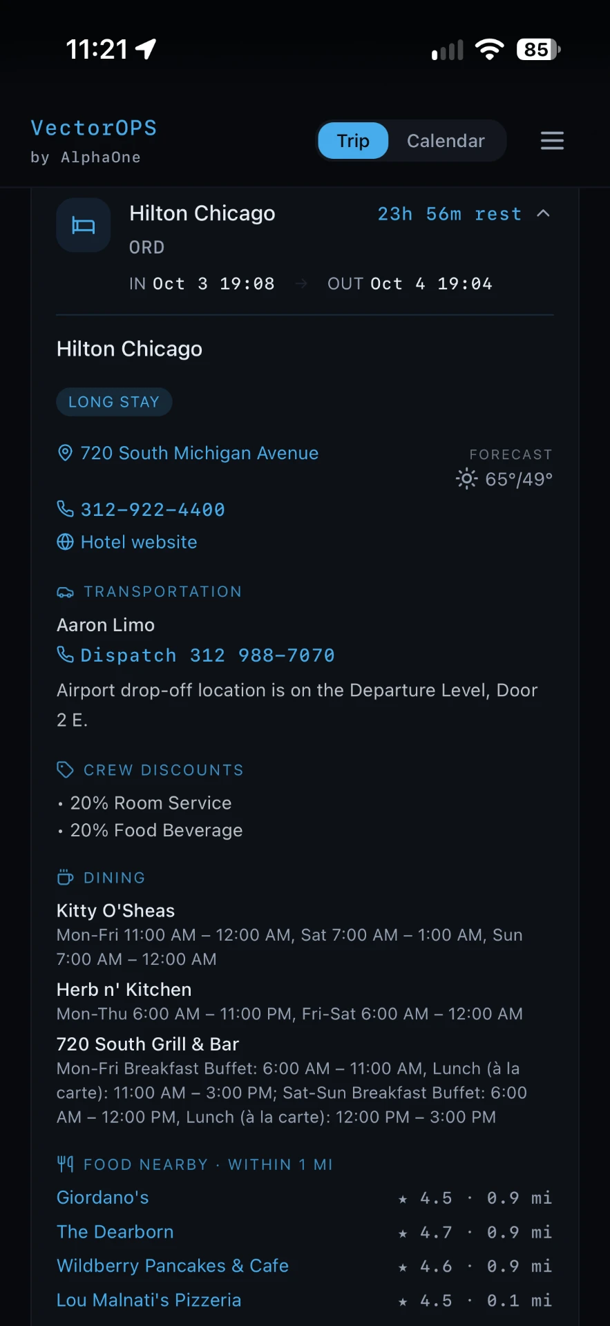 VectorOPS layover hotel details with transportation, crew discounts, dining and food nearby
