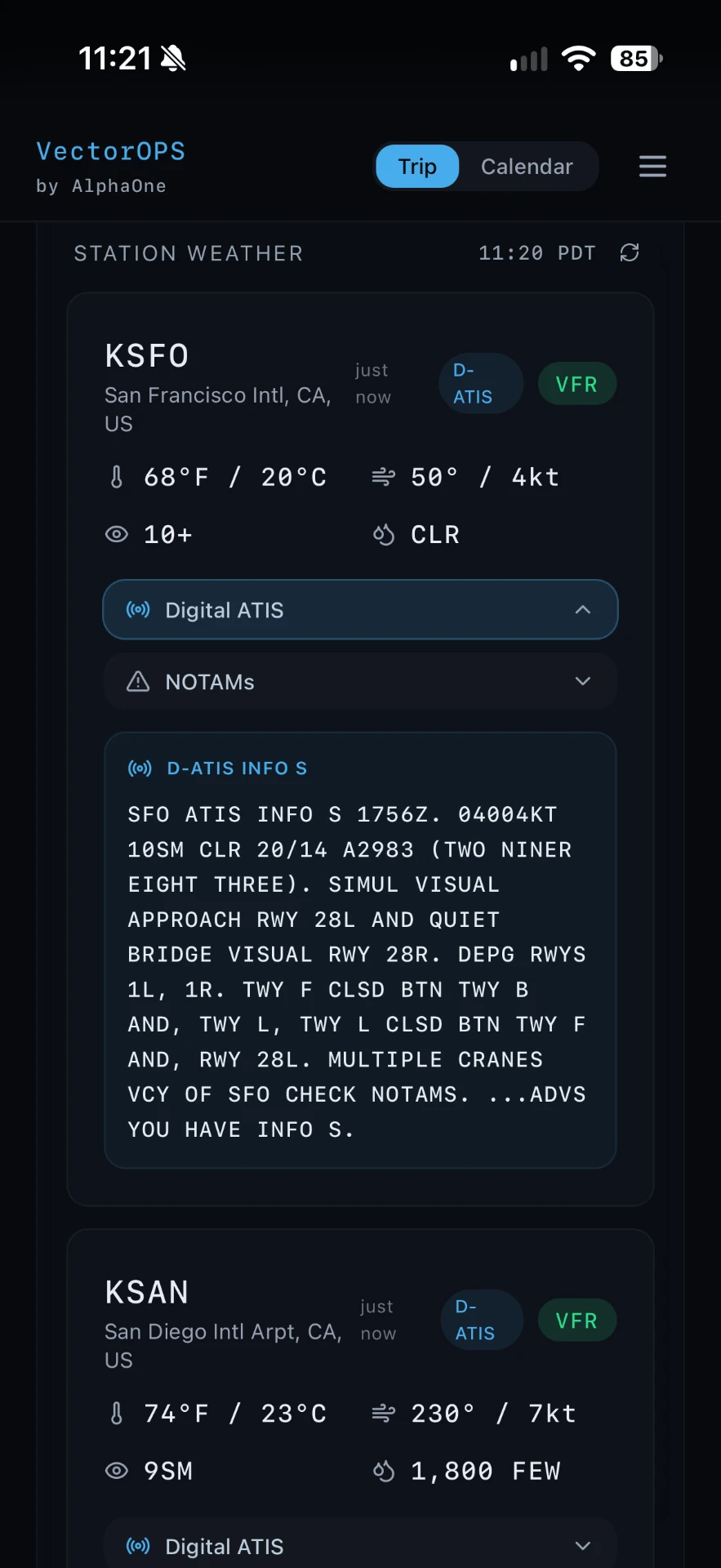 VectorOPS station weather with decoded conditions and digital ATIS