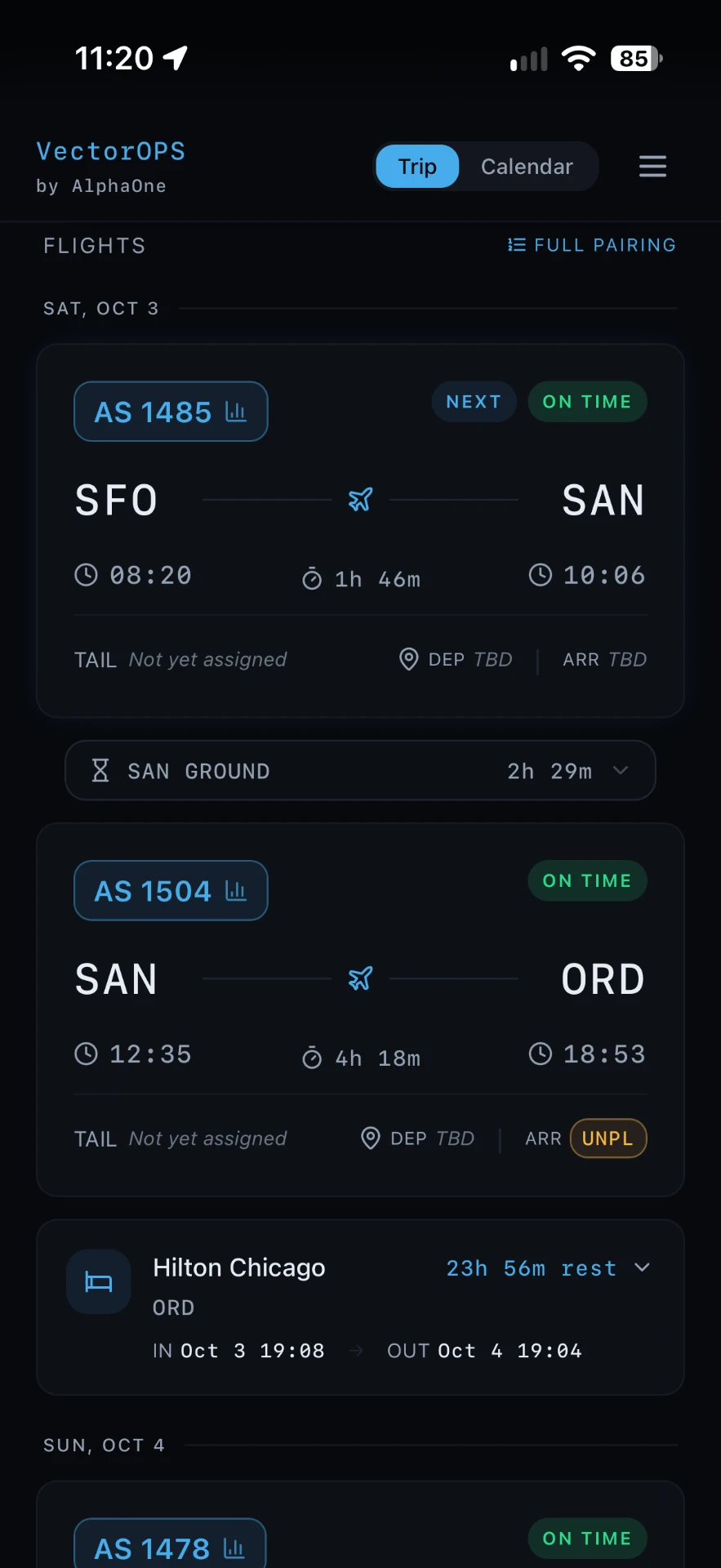 VectorOPS flight list with on-time status, block times and ground time