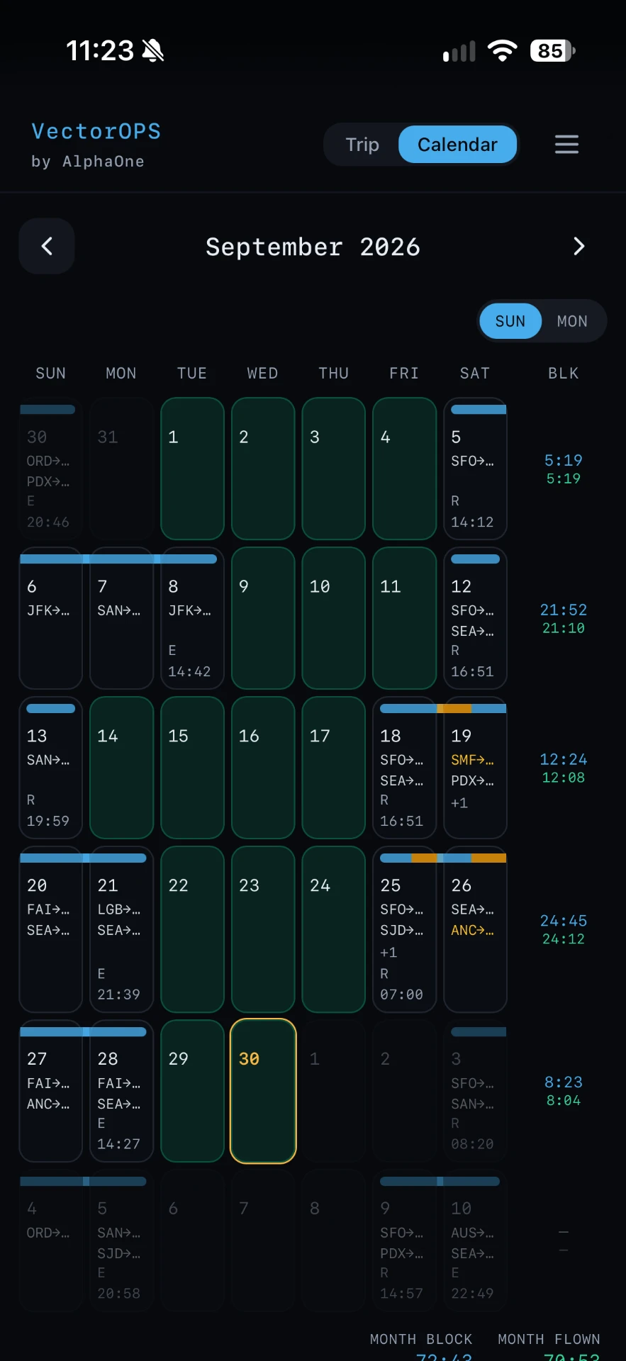 VectorOPS monthly roster calendar in dark mode