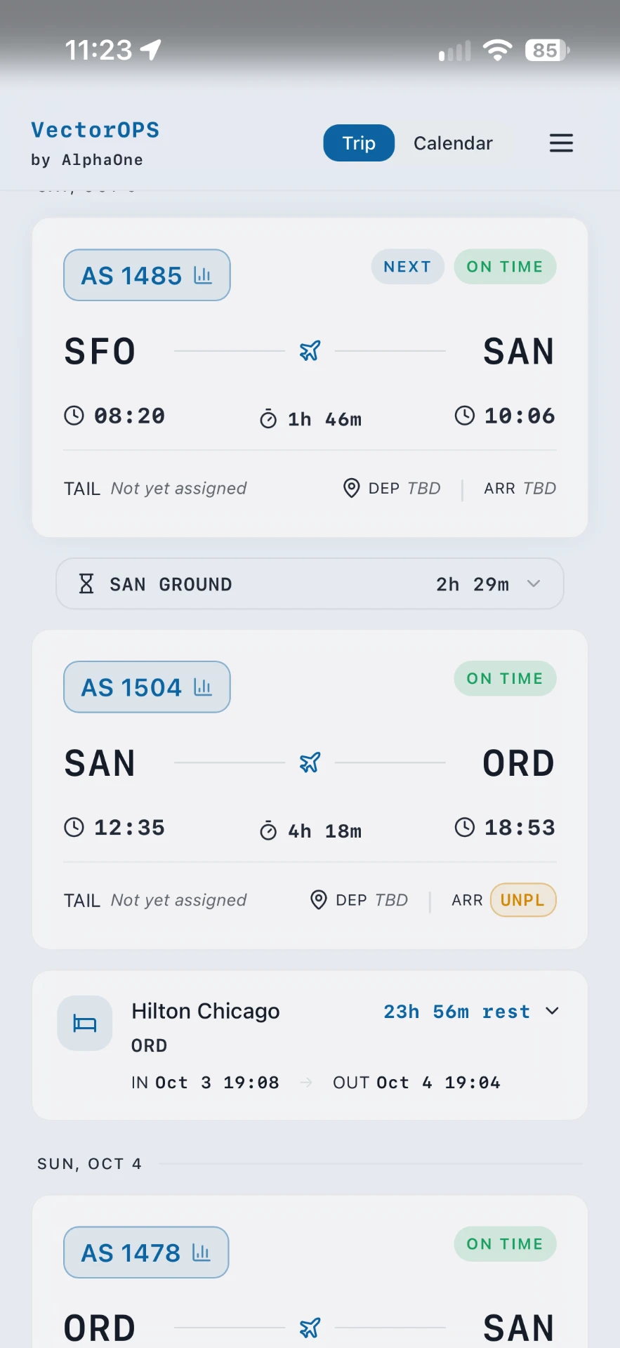 VectorOPS trip view with legs, rest and hotel details