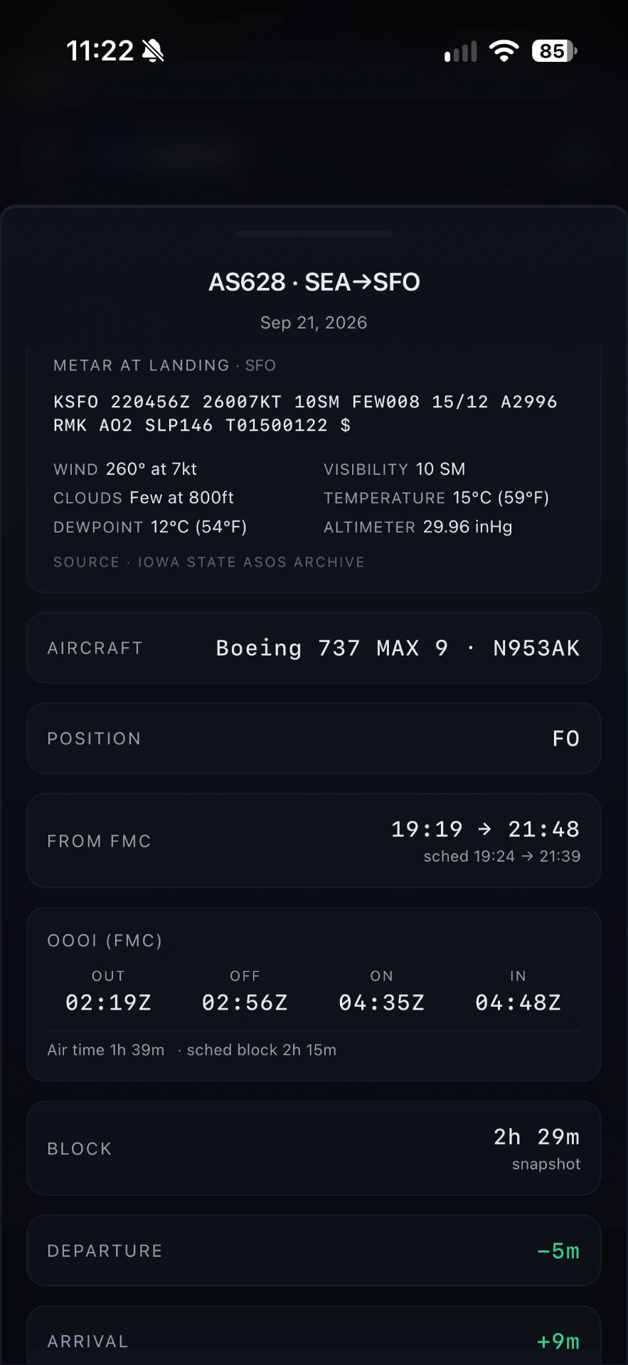 VectorOPS trip detail with weather at landing, FMC times and OOOI